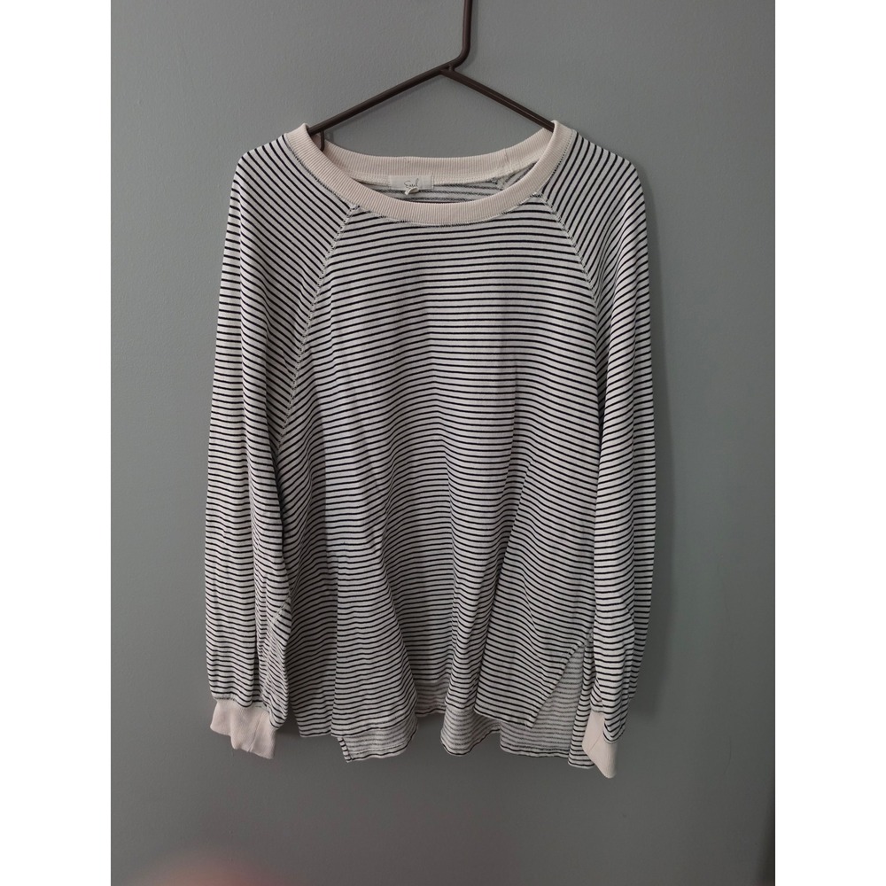 Easel Womens Large Striped Raglan Long Sleeve Pullover Top Navy Cream Ribbed
